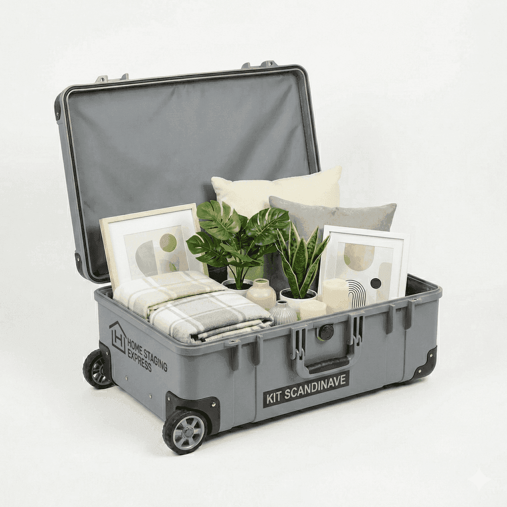 Kit de Home Staging Express ouvert avec éléments de décoration